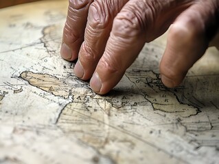 A hand tracing a vintage map, symbolizing exploration and navigation.