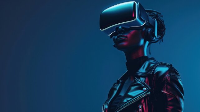 Man wearing trendy leather jacket and sunglasses and wearing futuristic VR headset,