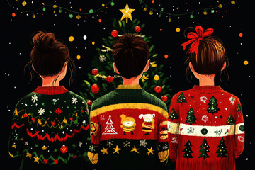 Obraz premium Illustration of office ugly sweater Christmas party of young man and woman on new year eve night with Christmas costume.