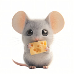 Fototapeta premium Mouse holding cheese isolated on white background featuring a cute small rodent with brown fur