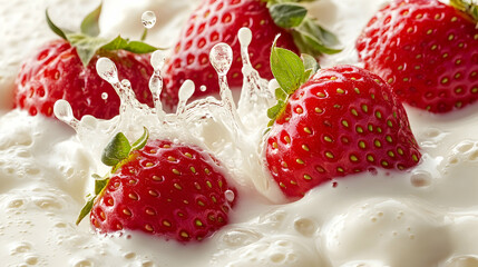 Strawberries Splashing in Milk, strawberry, white, red, fresh, fruit