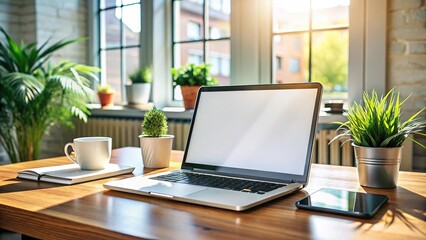 Fototapeta premium Laptop Mockup on Home Office Desk - Blank Screen for Website Design