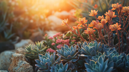 Fototapeta premium Sunlit desert garden cactus agave succulents, path warm sunset glow, botanical scene,photography nature decor,landscape art home,stone,plant,flower,floral,dry,afternoon,sofe,porch,backyard,deck,