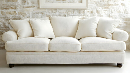 White Sofa with Pillows in Front of Stone Wall, couch, cushion, living room, furniture, interior design