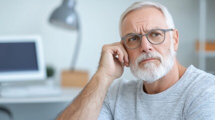 Fototapeta premium Reflective Senior Man in Thoughtful Home Office Setting
