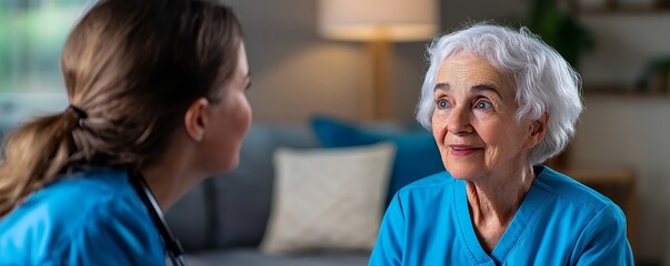 Fototapeta premium A warm interaction between a caregiver and an elderly woman, showcasing compassion and connection in a cozy, home-like environment.