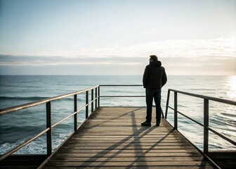 Minimalist Seascape: Man on Pier, Coastal View