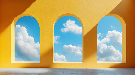 3D Rendering of Yellow Wall with Three Arches and Cloudy Sky View