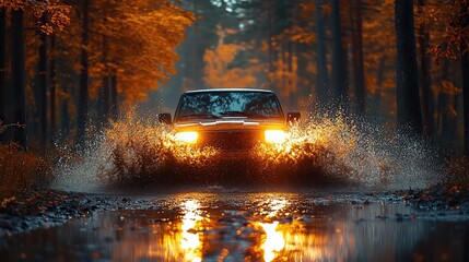 Car splashing through a puddle, sending water flying in a dynamic and energetic motion.