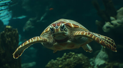 Obraz premium Sea Turtle Swimming in Aquarium, aquatic, ocean, animal, wildlife, underwater