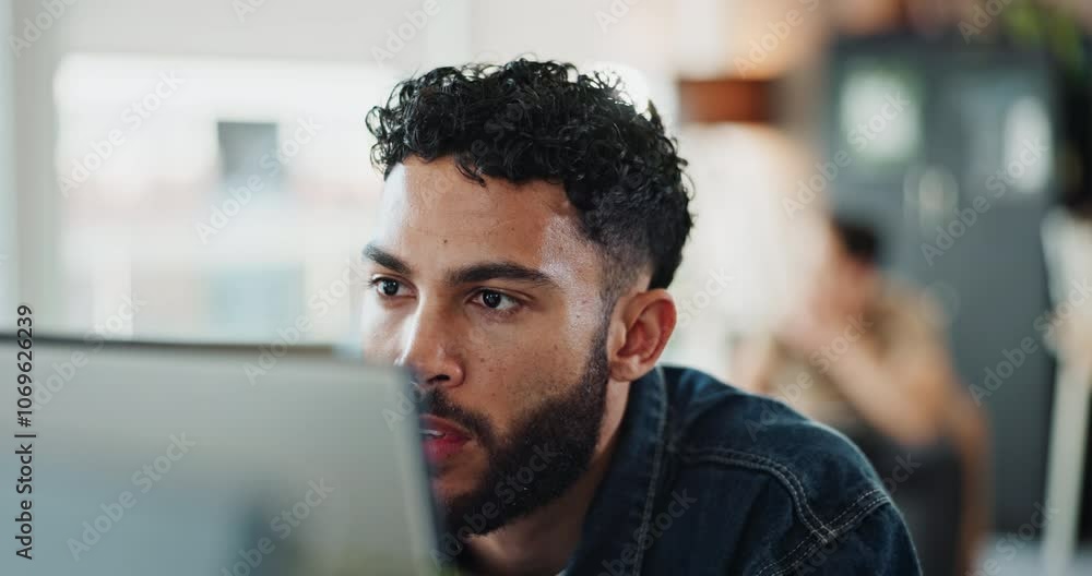Poster Computer, smile and web development with man software engineer in office for coding or programming. Desktop, reading and typing with employee nodding in workplace for design or online research