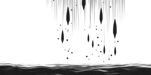 Abstract Black Falling Shapes with Wave Base on white and transparent background. PNG