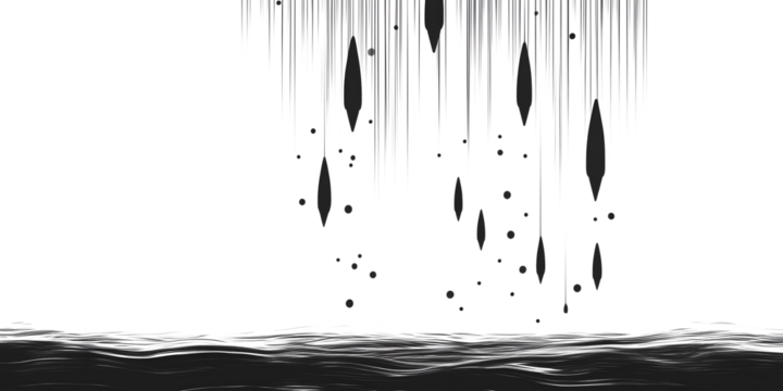 Abstract Black Falling Shapes with Wave Base on white and transparent background. PNG