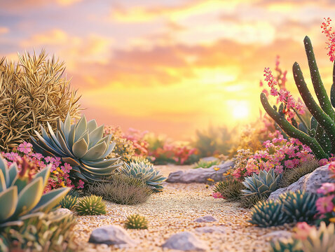 Sunlit desert garden cactus agave succulents, path warm sunset glow, botanical scene,photography nature decor,landscape art home,stone,plant,flower,floral,dry,afternoon,sofe,porch,backyard,deck,