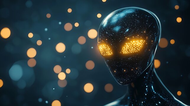 A black and yellow alien with glowing eyes is staring at the camera