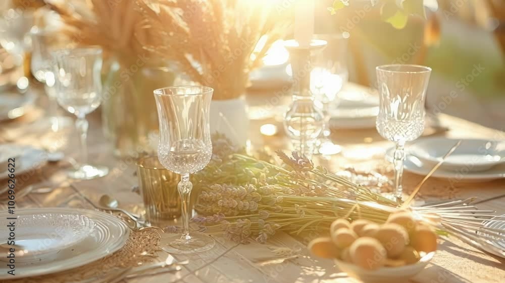 Poster sunlight is illuminating an elegant table setting with a lavender centerpiece, waiting for guests to
