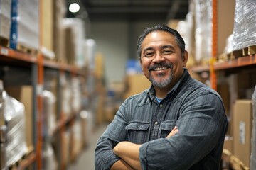 Confident Manager Smiling in Warehouse Environment
