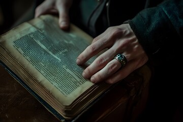 Obraz premium A hand holding an open, aged book, revealing its textured pages and an ornate ring.