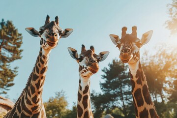 Fototapeta premium Giraffes Silhouetted Against an Orange Sunset Sky