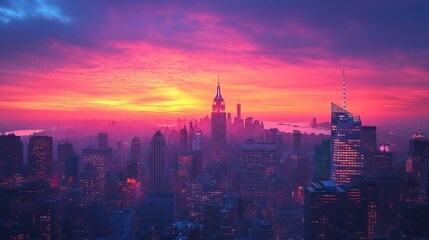 Fototapeta premium City skyline at sunrise, showing office buildings and skyscrapers.
