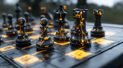 Futuristic Chess Pieces on a Glowing Board, chessboard, chess game, king, queen, rook