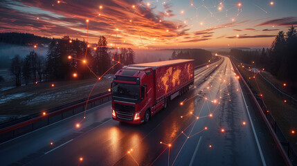global map and trucking vehicles on a highway, interconnected relationship between traditional cargo transport networks and new technological infrastructures for real-time data exchange concept .