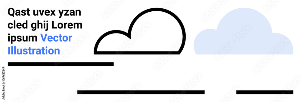 Poster clouds, black lines with text qast uvex yzan cled ghj lorem ipsum vector illustration. ideal for web