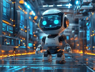 A white robotic child stands in a futuristic hallway with blue and orange glowing lights.