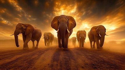 Elephant Herd Walking Towards Sunset, African elephant, elephants, group, wildlife, safari