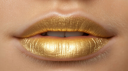 Close-up of Golden Lips, makeup, beauty, cosmetics, lipstick, gloss