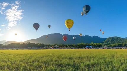 Naklejka premium Colorful hot air balloons ascend over a scenic landscape with mountains and a vibrant sky.