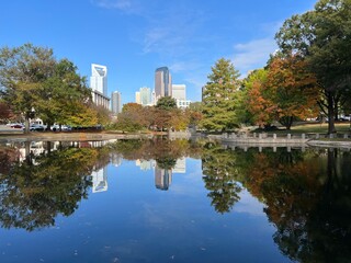 View of the Charlotte, NC skyline cityscape on a clear autumn fall day
