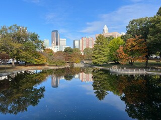 View of the Charlotte, NC skyline cityscape on a clear autumn fall day