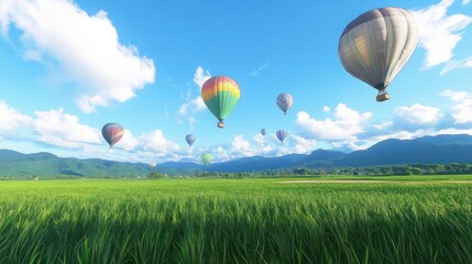 Naklejka premium A serene landscape with colorful hot air balloons soaring over lush green fields and mountains.