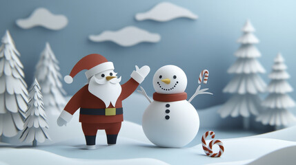Santa Claus and snowman waving joyfully in winter landscape