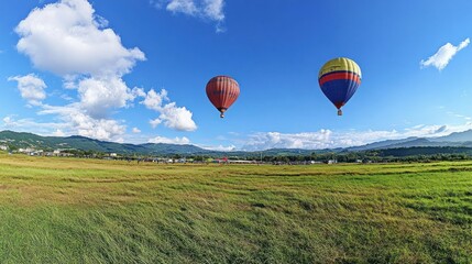 Obraz premium Two colorful hot air balloons soaring over a scenic landscape under a clear blue sky.