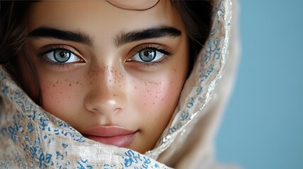 Beautiful Muslim Woman Portrait with Blue Eyes and Scarf