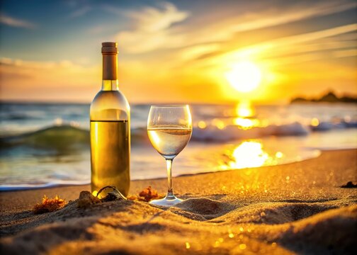Tilt-Shift White Wine Glass & Bottle Beach Sunset
