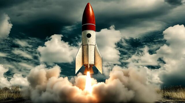 A retro-style rocket blasts off into a cloudy sky, leaving a trail of smoke and fire behind it