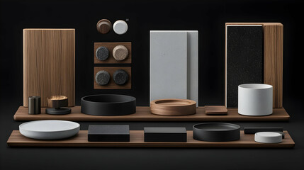 A collection of wooden and stone objects, including coasters, trays, and bowls, displayed on a black background.