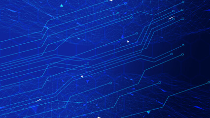 Abstract geometric background connecting dots as plexus in blue. tech circle and technology background. Futuristic interface. Futuristic flowing grid on bokeh lights background