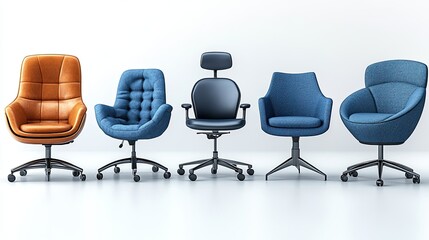 Obraz premium Different types of office chair wheels, isolated on a white background for clear viewing.