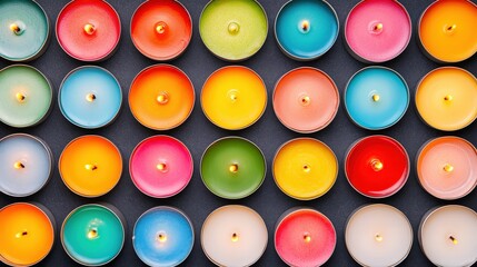 Colorful Burning Tealight Candles on Black Background   Relaxation  Spa  Atmosphere  Home