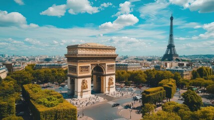 A scenic view of the Arc de Triomphe and Eiffel Tower in Paris under a blue sky.