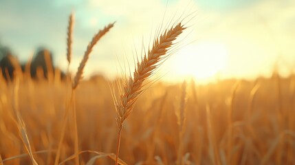 Fototapeta premium Golden Wheat Field at Sunset Closeup of Ear of Grain