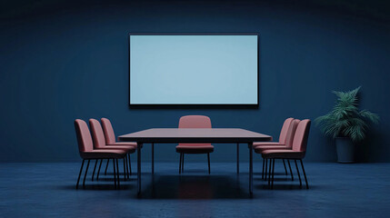 modern conference room featuring large screen, central table, and pink chairs, creating professional and inviting atmosphere for meetings