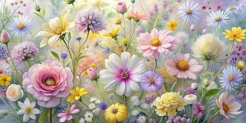 A Serene Symphony of Delicate Blooms in Soft Pastel Hues, A Visual Celebration of Nature's Artistic Prowess