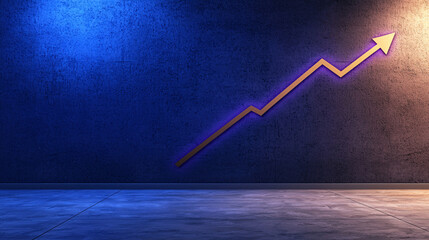 modern office space featuring blue and purple gradient wall with rising graph line, symbolizing growth and success. clean design evokes sense of professionalism and innovation
