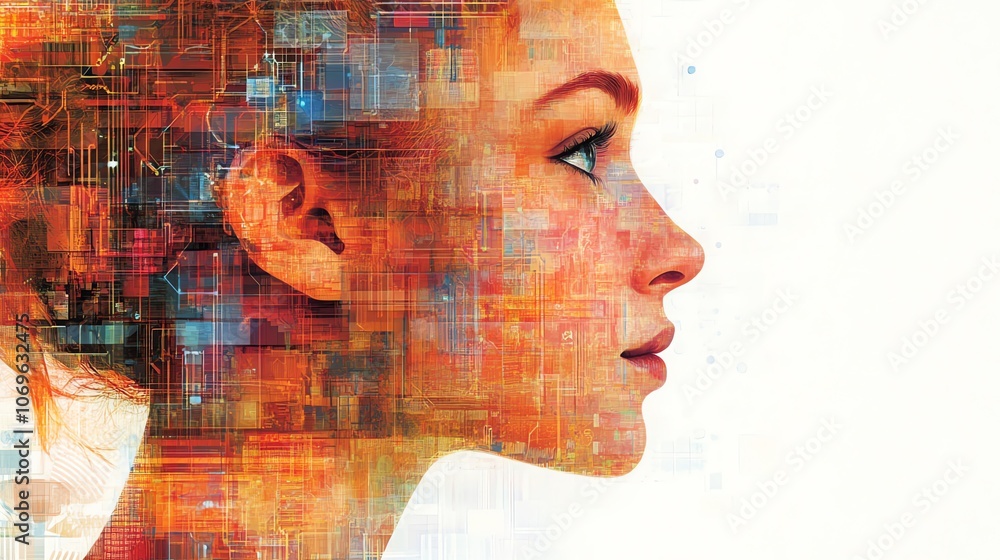 Poster a woman's profile with a digital pattern overlaying her face, representing the fusion of technology 