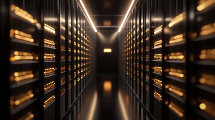 Luxurious gold vault corridor with illuminated shelves